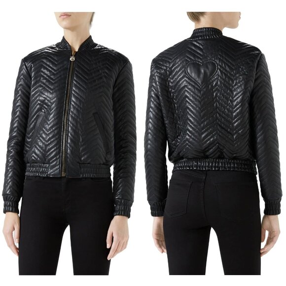 GUCCI JACKET QUILTED BLACK LEATHER BOMBER TIGER CHARM PULL sz IT 38 US 2 - Picture 3 of 15